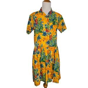 Vintage 90s GAP Women Hawaiian Shirt Dress Bright Tropical Island Yellow Large